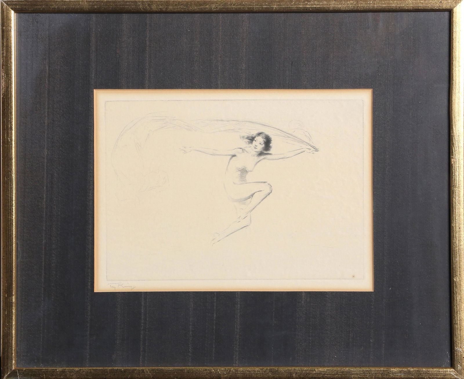 Troy Kinney, Nude Dancer, Etching: Artist: Troy Kinney, American (1871 - 1939) Title: Nude Dancer Year: circa 1930 Medium: Etching, signed in pencil l.r. Image Size: 6.5 x 9 inches Frame Size: 14 x 16.5 inches