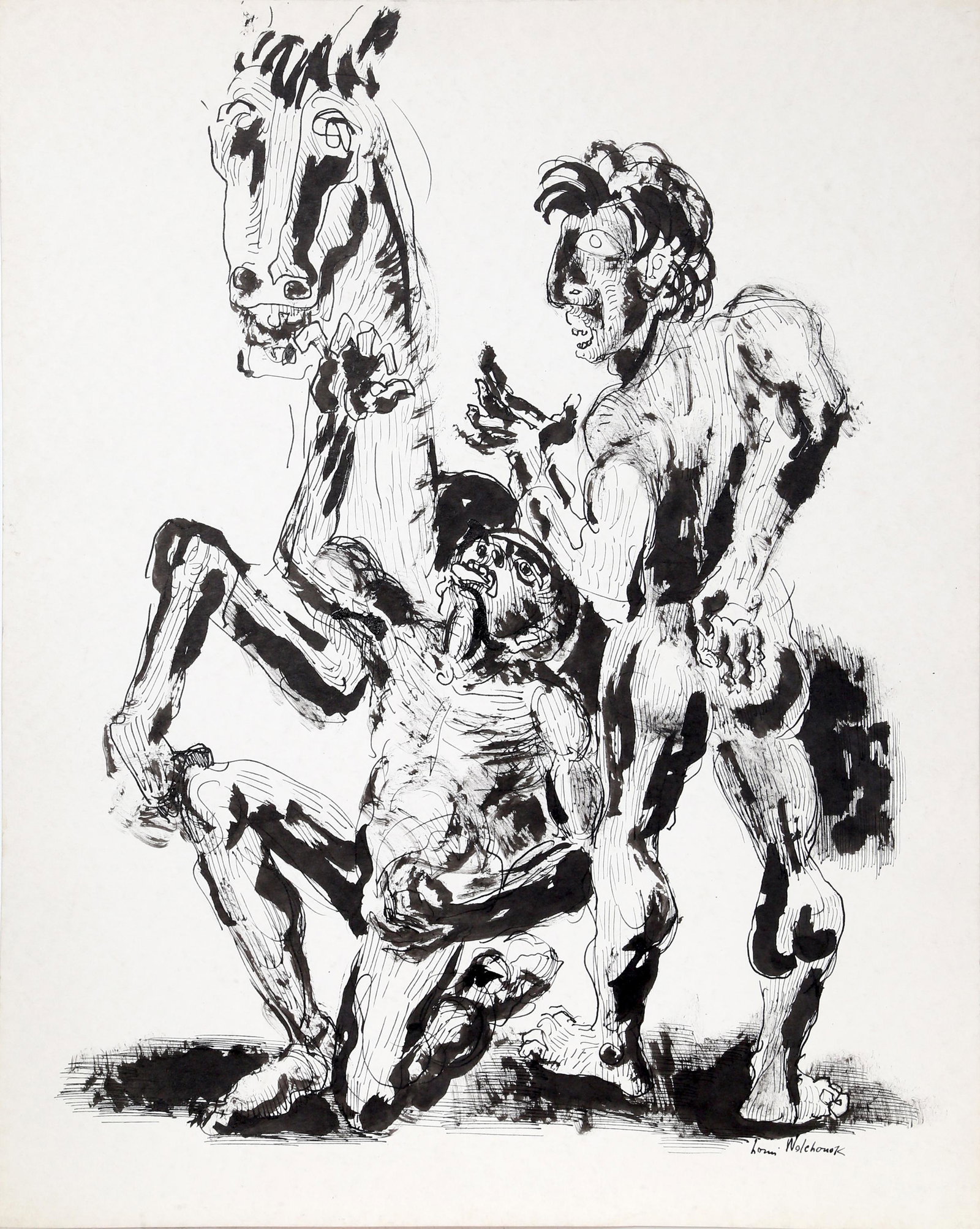 Louis Wolchonok, Two Men and Horse, Ink Drawing: Artist: Louis Wolchonok, American (1898 - 1973) Title: Untitled - Two Men and Horse Year: circa 1965 Medium: Ink on Paper, signed l.r. Image Size: 19 x 14 inches Size: 20 x 16 in. (50.8 x 40.64 cm)