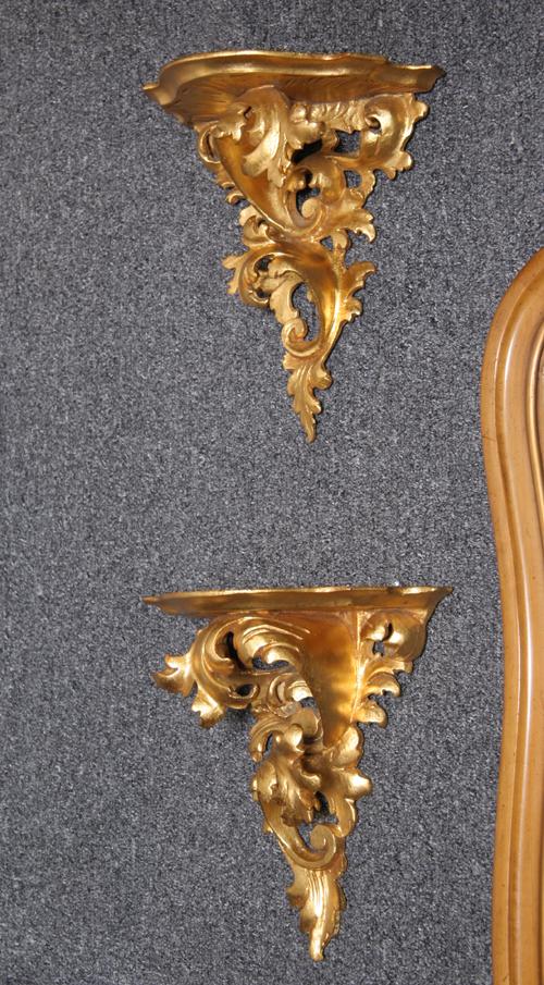 Antiques, Pair of Italian Leaf Motif Shelves, Pair of: Item: Antiques Title: Pair of Italian Leaf Motif Shelves Medium: Pair of Decorative Shelves, Composite/Resin, Painted Gold. Size: 10 in. x 9 in. x 5 in. (25.4 cm x 22.86 cm x 12.7 cm)