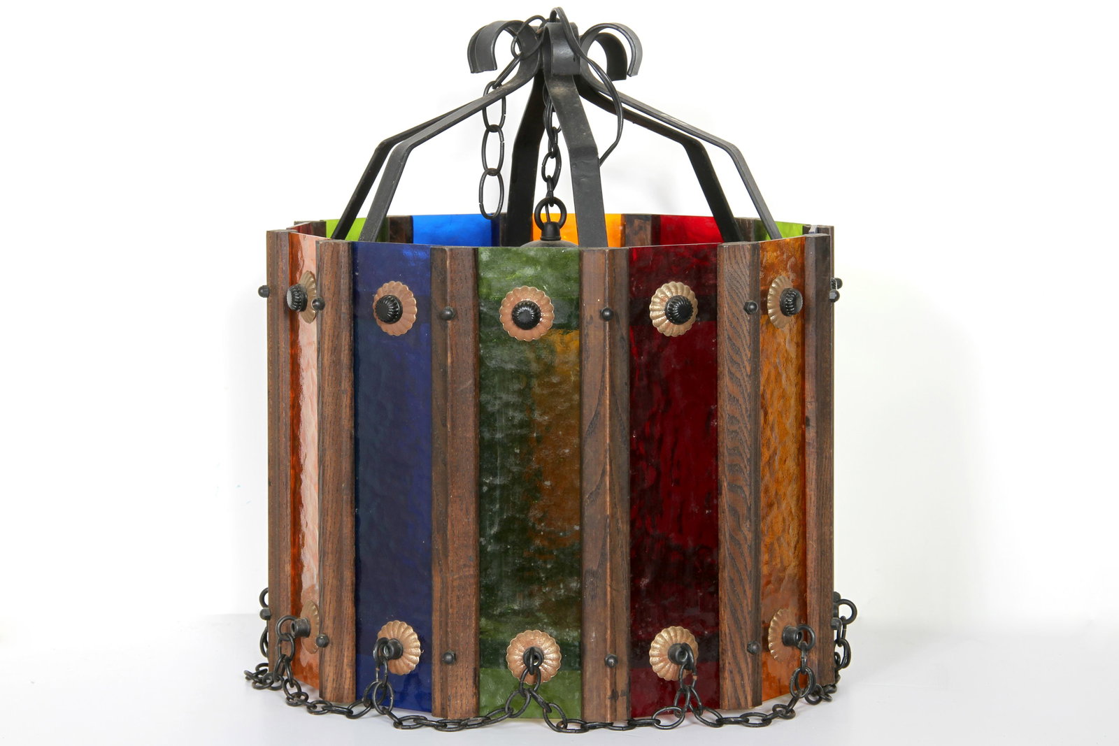Antiques, Hanging Multi-Color Lamp Fixture, Colored: Item: Antiques Title: Hanging Multi-Color Lamp Fixture Medium: Colored Glass and Painted Metal Size: 16 in. x 13 in. (40.64 cm x 33.02 cm)