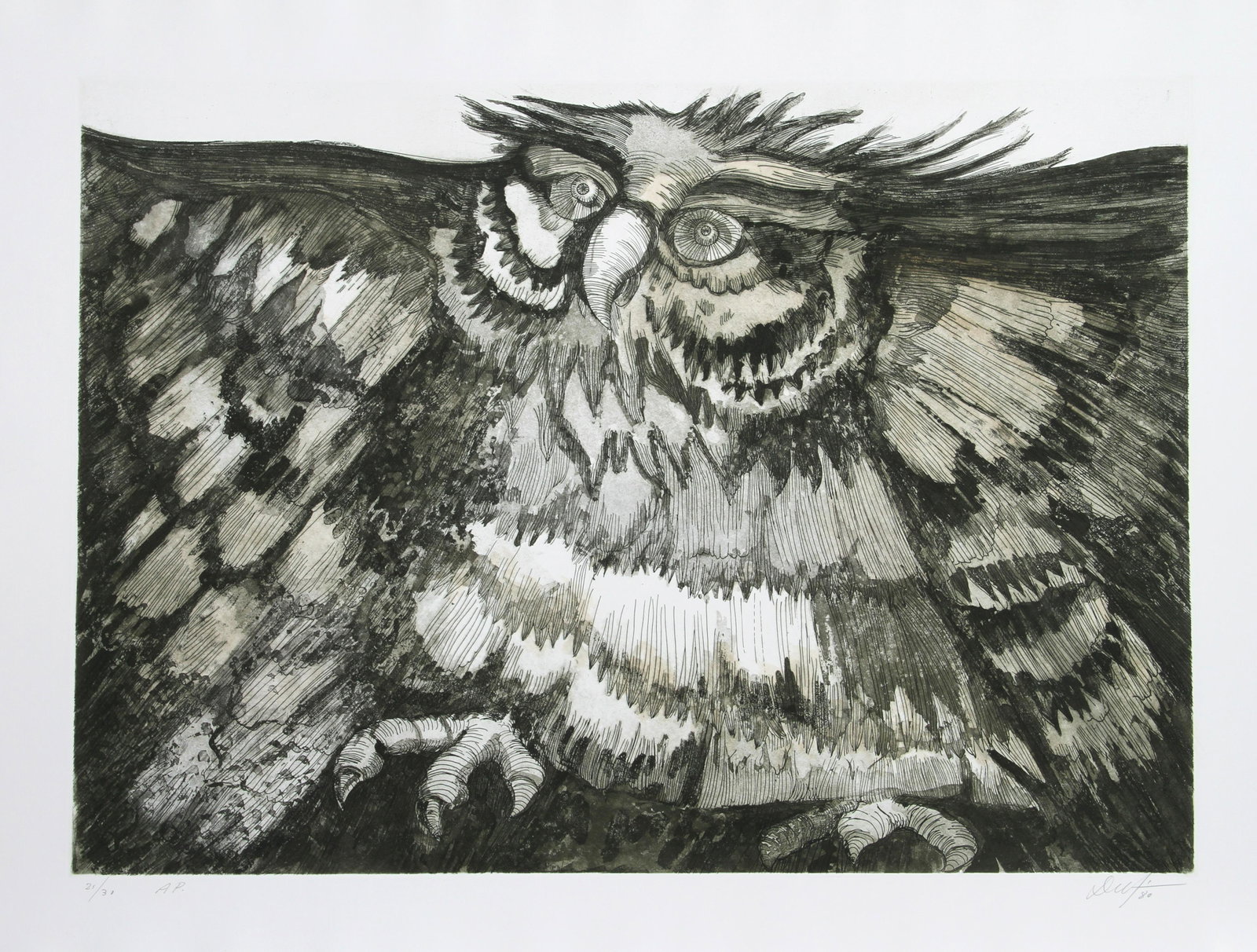 Victor Delfin, Old Owl, Etching: Artist: Victor Delfin, Peruvian (1927 - ) Title: Old Owl Year: 1980 Medium: Etching, signed and numbered in pencil Edition: 200, AP 30 Image Size: 23.5 x 32.5 inches Size: 29 in. x 45 in. (73.66 cm x 