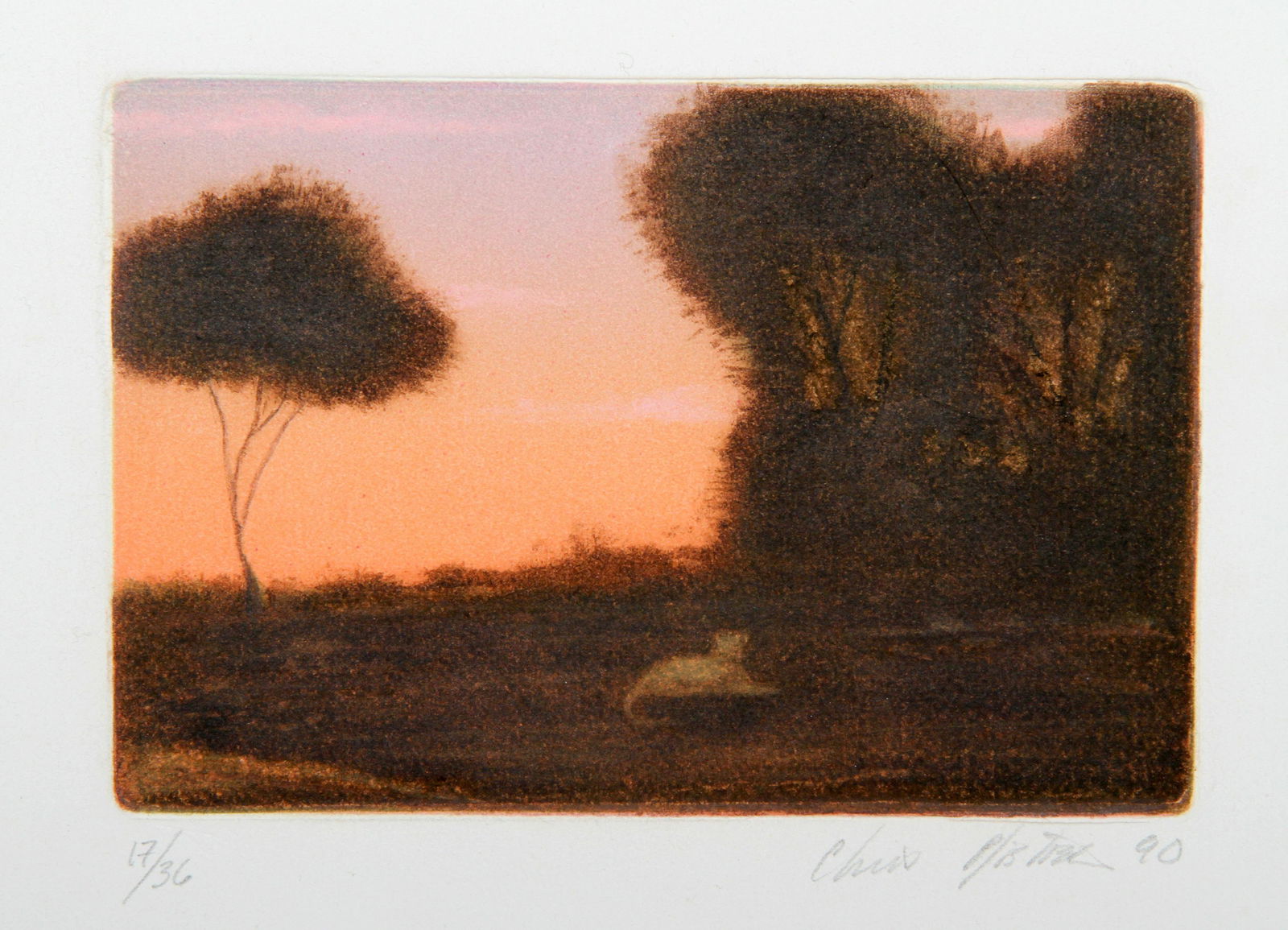 Chris Pfister, Sunset, Color Etching: Artist: Chris Pfister, American (1957 - ) Title: Sunset Year: 1990 Medium: Color Etching, signed and numbered in pencil Edition: 36, BAT Image Size: 4 x 6 inches Size: 8.25 x 10 in. (20.96 x 25.4 cm)