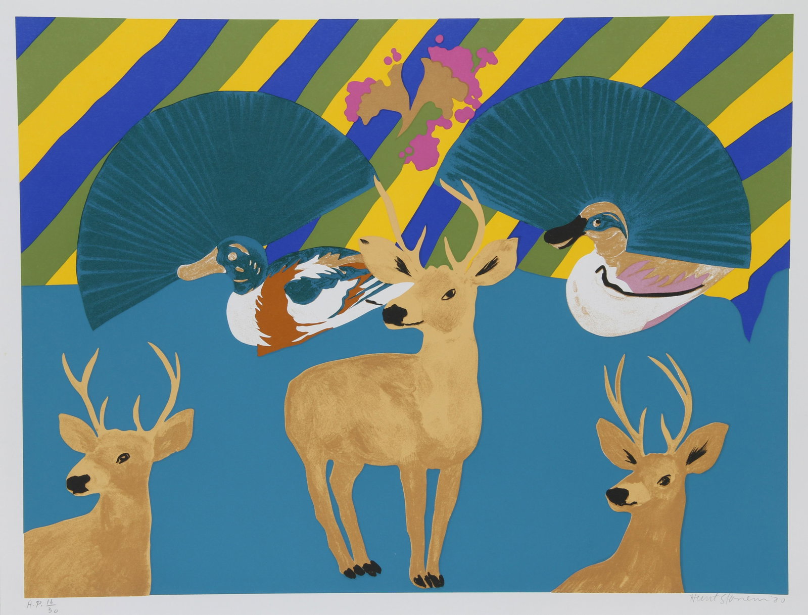 Hunt Slonem, Three Deer, Serigraph: Artist: Hunt Slonem, American (1951 - ) Title: Three Deer Year: 1980 Medium: Serigraph, signed and numbered in pencil Edition: AP 30 Image Size: 24 x 32 inches Size: 26 in. x 34 in. (66.04 cm x 86.36 