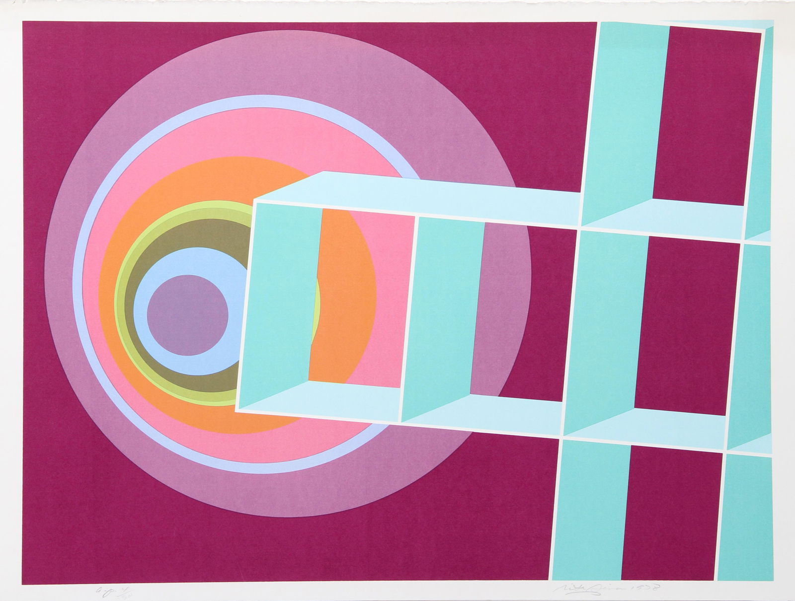 Rita Simon (aka Atirnomis), Spacescape II, Serigraph: Artist: Rita Simon (aka Atirnomis), American (1938 - ) Title: Spacescape II Year: 1978 Medium: Serigraph, signed and numbered in pencil Edition: 300, AP 30 Image Size: 24 x 32 inches Size: 25.5 in. x