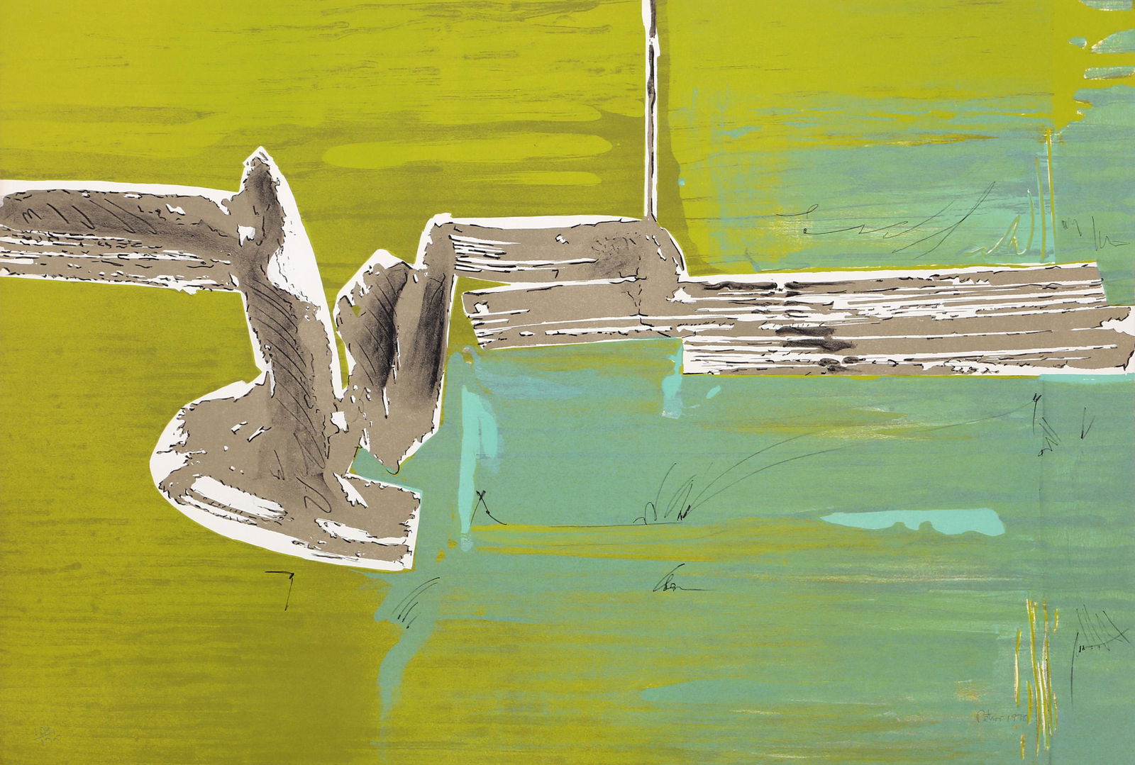 Dimitri Petrov, Green Abstract, Lithograph: Artist: Dimitri Petrov, American (1919 - 1986) Title: Untitled - Green Abstract Year: circa 1975 Medium: Lithograph, signed and numbered in pencil Edition: 175 Size: 22 x 30 in. (55.88 x 76.2 cm)