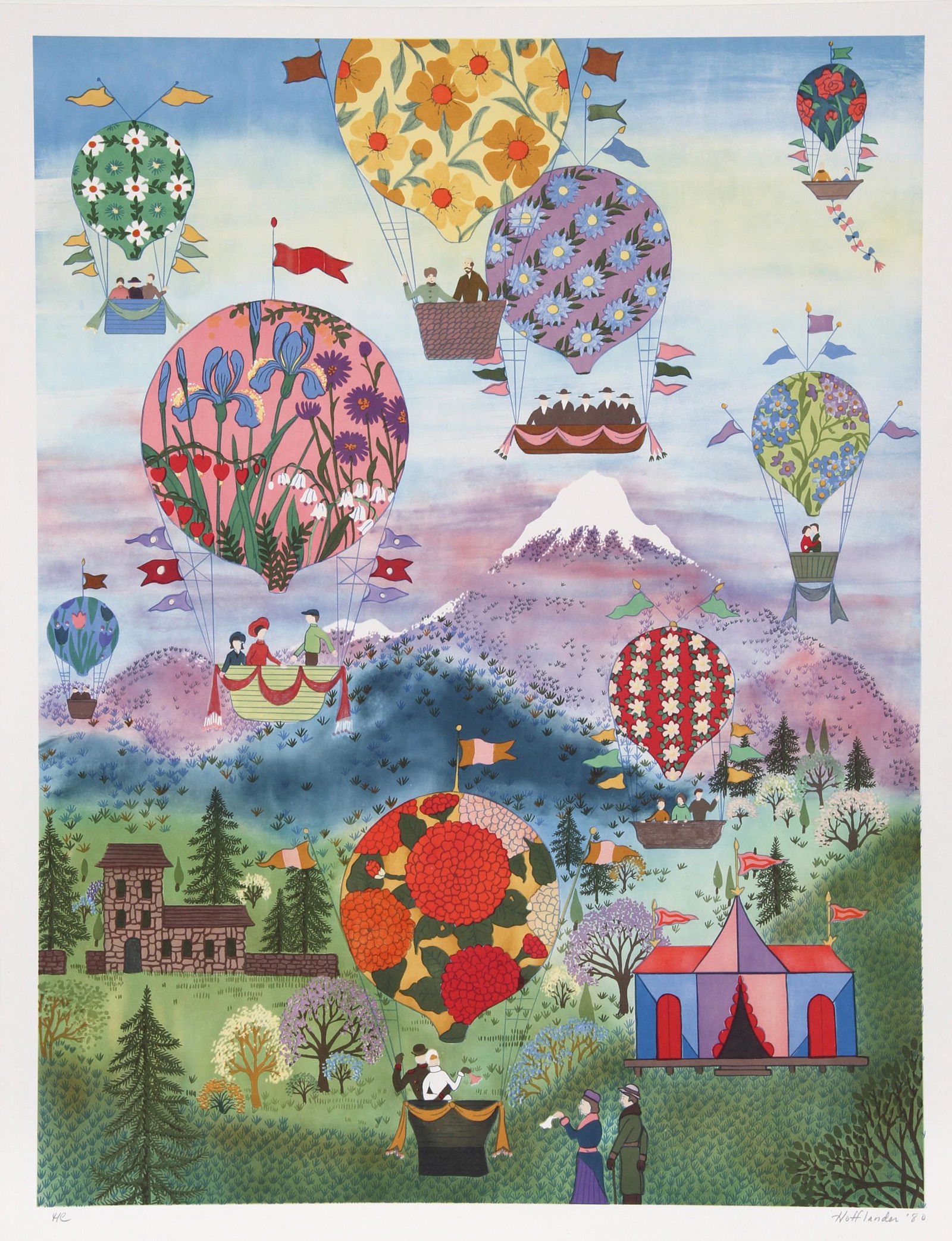 Jack Hofflander, Floral Balloons, Screenprint: Artist: Jack Hofflander, American (1920 - 2003) Title: Floral Balloons Year: 1980 Medium: Screenprint, signed and numbered in pencil Edition: 250, 30 AP Image Size: 30 x 22 inches Size: 34 in. x 26 in