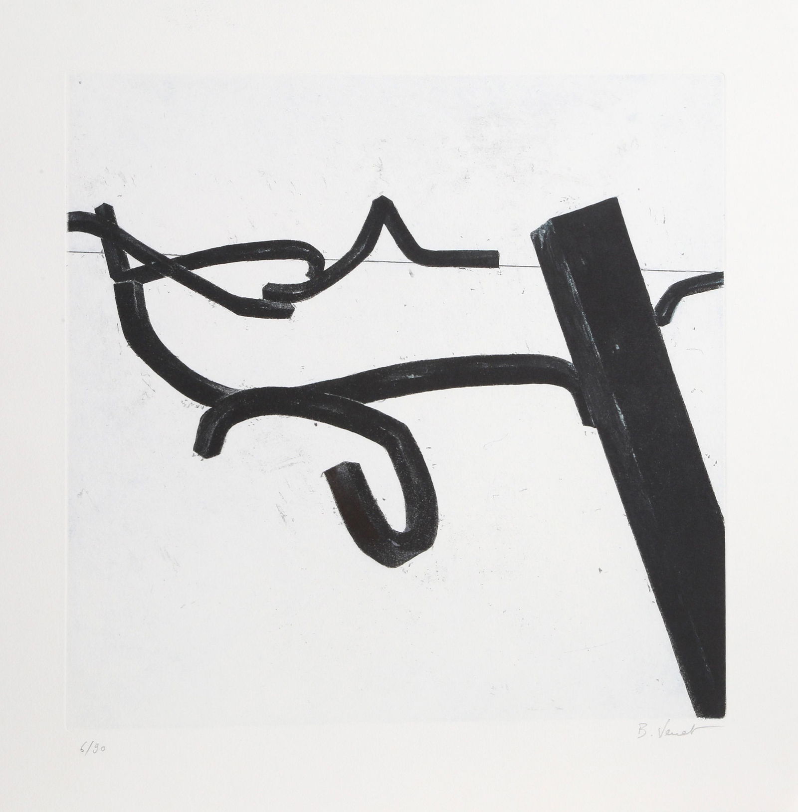 Bernar Venet, 1 from Combinaison Aleatoire de Lignes: Artist: Bernar Venet, French (1941 - ) Title: 1 from Combinaison Aleatoire de Lignes Indeterminees Year: 1996 Medium: Etching with Aquatint, signed and numbered in pencil Edition: 6/90 Size: 19.5 x 20