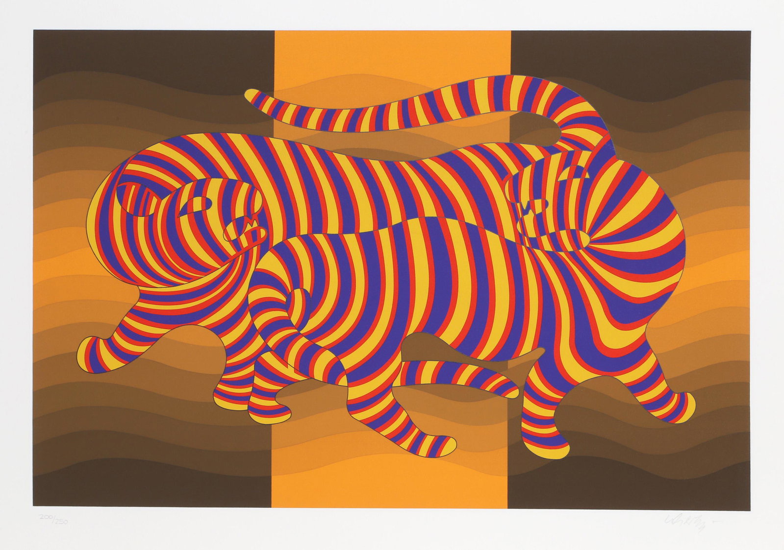 Victor Vasarely, Two Tigers on Gold, Screenprint: Artist: Victor Vasarely, Hungarian (1908 - 1997) Title: Two Tigers on Gold Year: 1980 Medium: Screenprint, signed and numbered in pencil Edition: 250 Image Size: 17.5 x 26 inches Size: 21.5 x 30 in. (