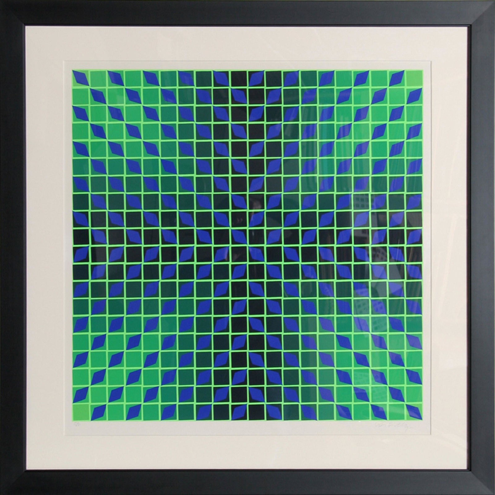 Victor Vasarely, Jindey, Silkscreen: Artist: Victor Vasarely, Hungarian (1908 - 1997) Title: Jindey Year: circa 1970 Medium: Silkscreen, signed and numbered in pencil Edition: 107/250 Size: 27 in. x 27 in. (68.58 cm x 68.58 cm) Frame Siz