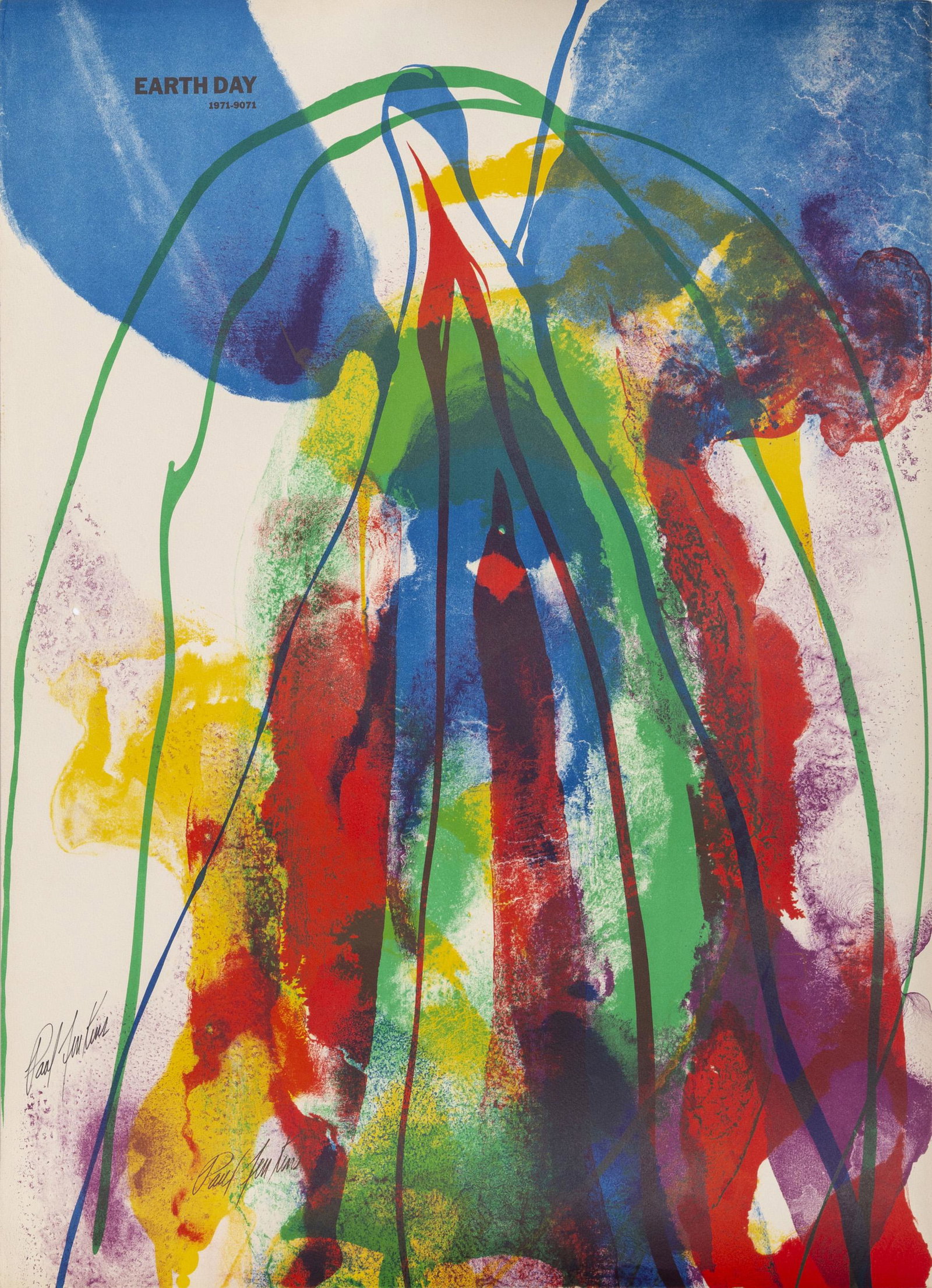 Paul Jenkins, Earth Day, Lithograph: Artist: Paul Jenkins, American (1923 - 2012) Title: Earth Day Year: 1971 Medium: Lithograph on Mourlot watermarked Wove Paper, signed in the plate and in ink lower left Size: 29 in. x 21.5 in. (73.66 
