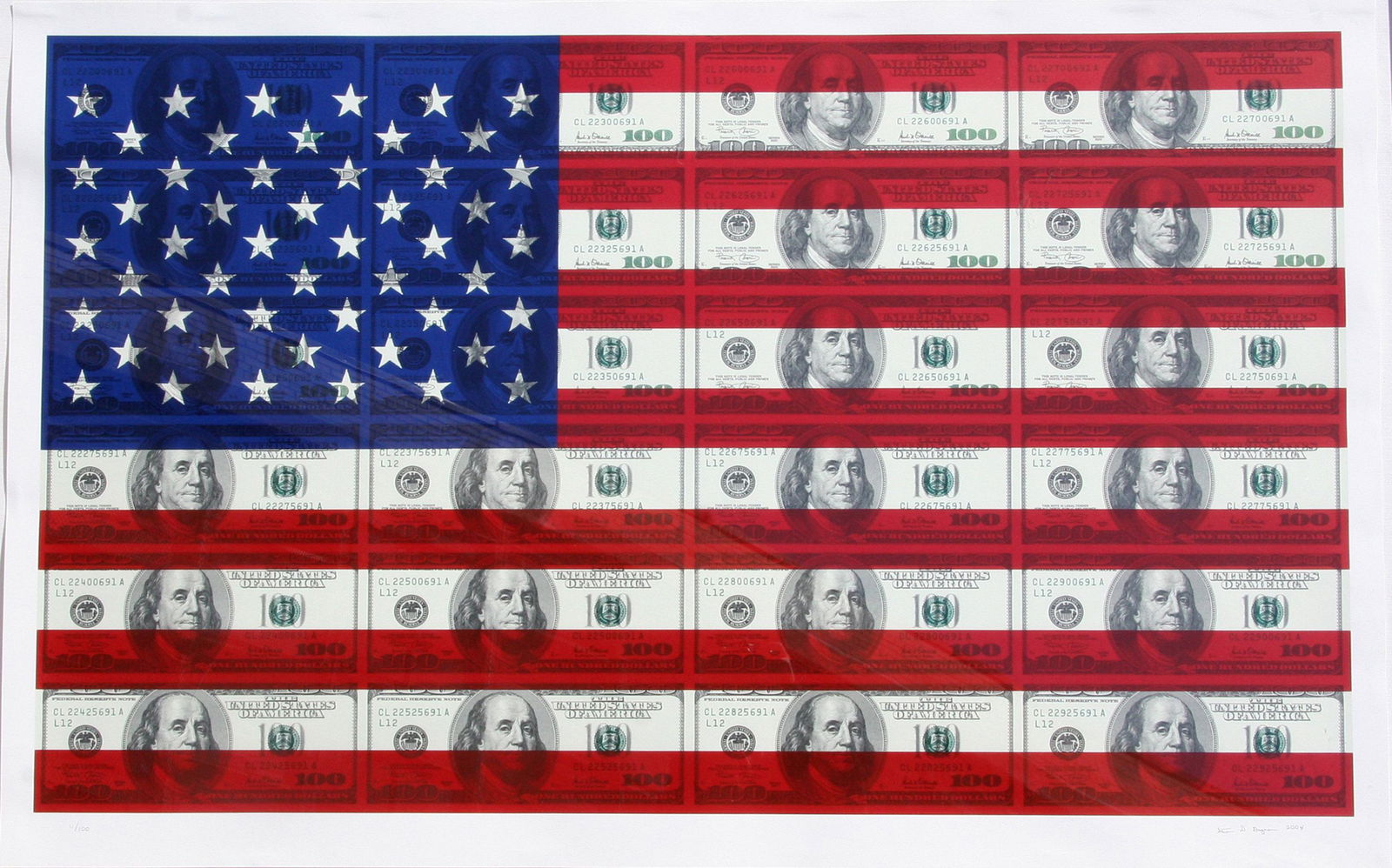 Steven Gagnon, $100 U.S. Flag, Screenprint on Coventry: Artist: Steven Gagnon, American (1973 - ) Title: $100 U.S. Flag Year: 2004 Medium: Serigraph on Coventry, Signed and numbered in pencil Edition: 100 Image Size: 36 x 60 inches Size: 40 in. x 63 in. (1