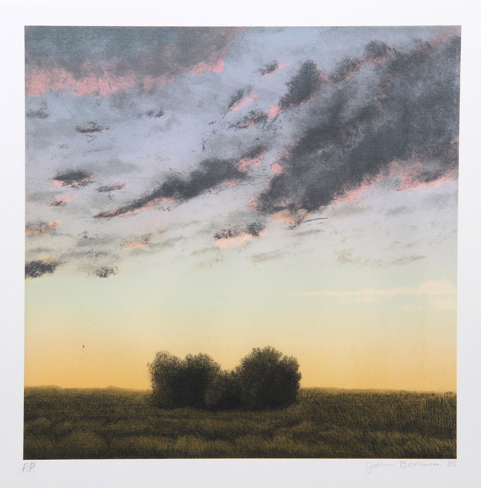 John Beerman, Two Bushes At Twilight, Lithograph: Artist: John Beerman, American (1958 - ) Title: Two Bushes At Twilight Year: 2005 Medium: Lithograph, signed and numbered in pencil Edition: PP Image Size: 17 x 17 inches Size: 22 x 22 in. (55.88 x 55