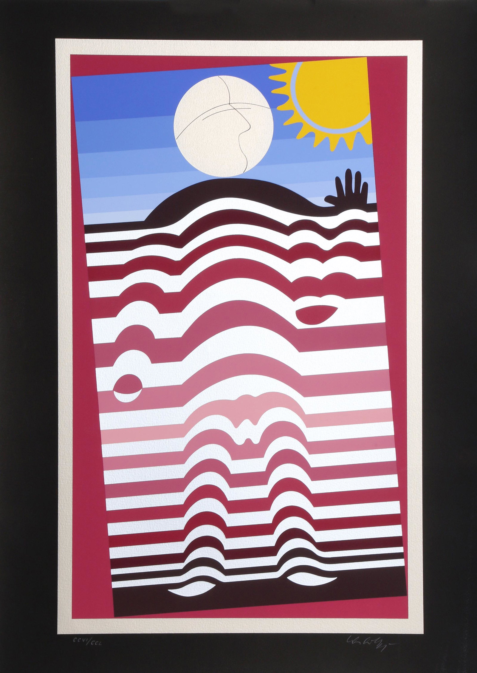 Victor Vasarely, Sunbather, Screenprint on Black Paper: Artist: Victor Vasarely, Hungarian (1908 - 1997) Title: Sunbather Year: 1982 Medium: Screenprint on Black Paper, signed and numbered in pencil Edition: 250 Size: 30 x 21.5 in. (76.2 x 54.61 cm)