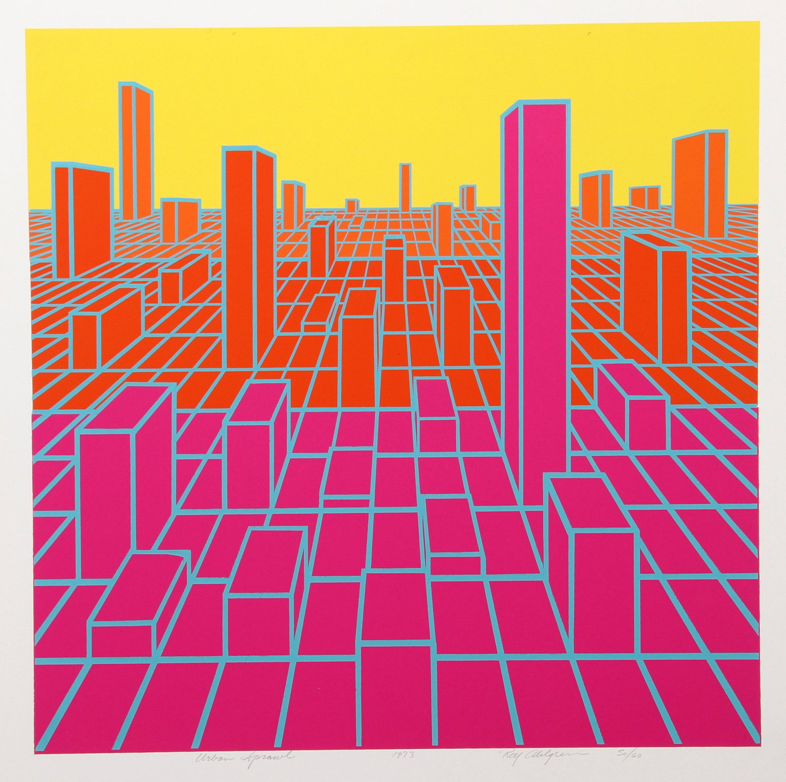 Roy Ahlgren, Urban Sprawl, Silkscreen: Artist: Roy Ahlgren, American (1927 - 2011) Title: Urban Sprawl Year: 1973 Medium: Silkscreen, Signed and numbered in pencil Edition: 59/60 Image Size: 18 x 18 inches Size: 20 x 20 in. (50.8 x 50.8 cm