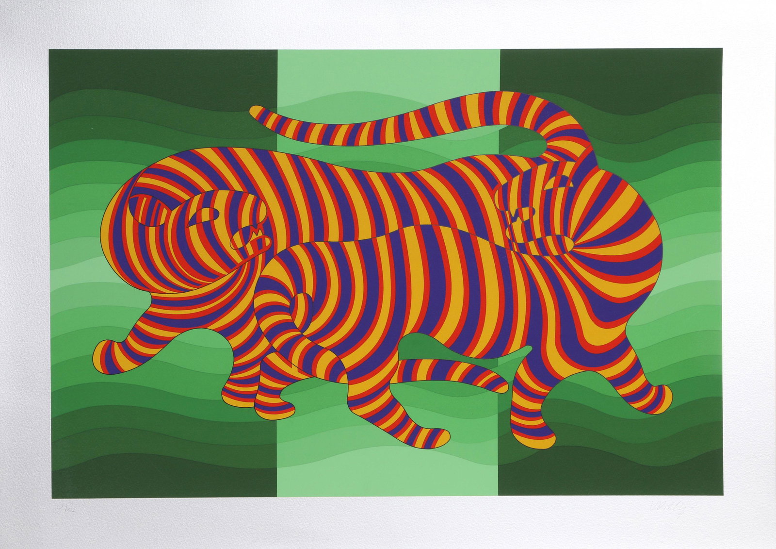 Victor Vasarely, Two Tigers on Green, Screenprint on: Artist: Victor Vasarely, Hungarian (1908 - 1997) Title: Two Tigers on Green Year: 1980 Medium: Screenprint on Silver Paper, signed and numbered in pencil Edition: 150 Image Size: 17.5 x 26 inches Size
