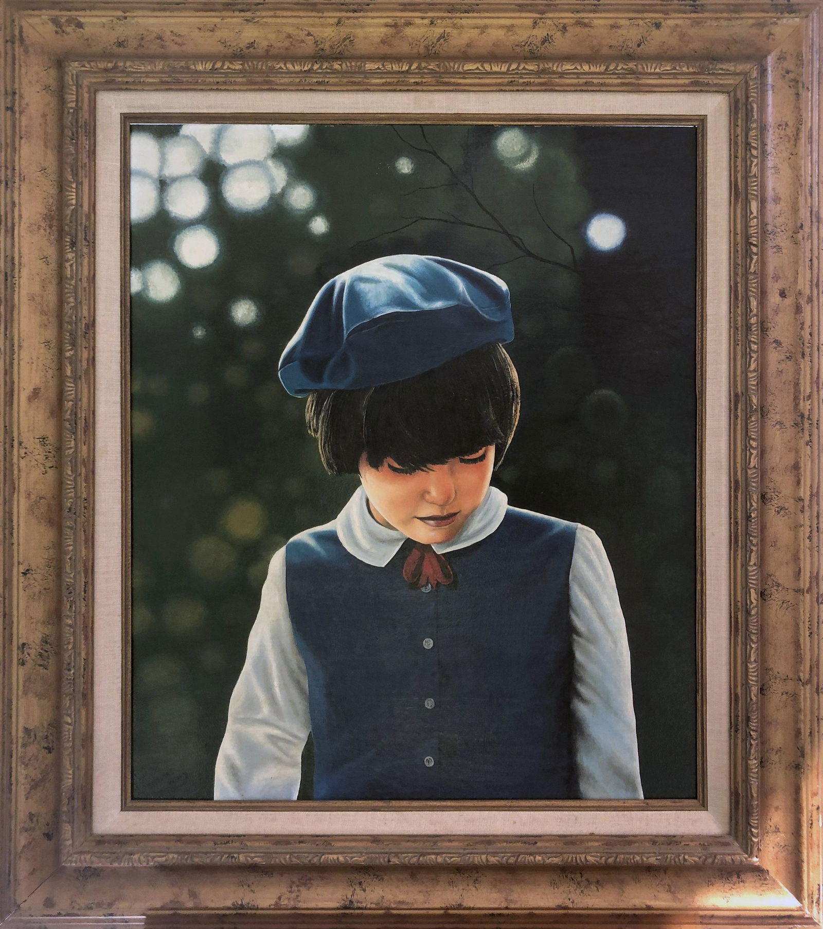 Thomas Kerry, Child in Blue, Oil Painting: Artist: Thomas Kerry, British/American Title: Child in Blue Year: Circa 1970 Medium: Oil on Masonite, signed and dedicated verso Size: 24 x 20 in. (60.96 x 50.8 cm) Frame Size: 29 x 25 inches