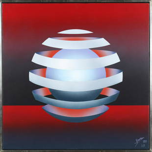 Patrice Breteau, Floating Orb on Red, Acrylic Painting: Artist: Patrice Breteau, French (1942 - ) Title: Untitled - Floating Orb on Red Year: 1979 Medium: Acrylic on Canvas, signed l.r. Size: 30 x 30 in. (76.2 x 76.2 cm) Frame Size: 31.25 x 31.25 inches