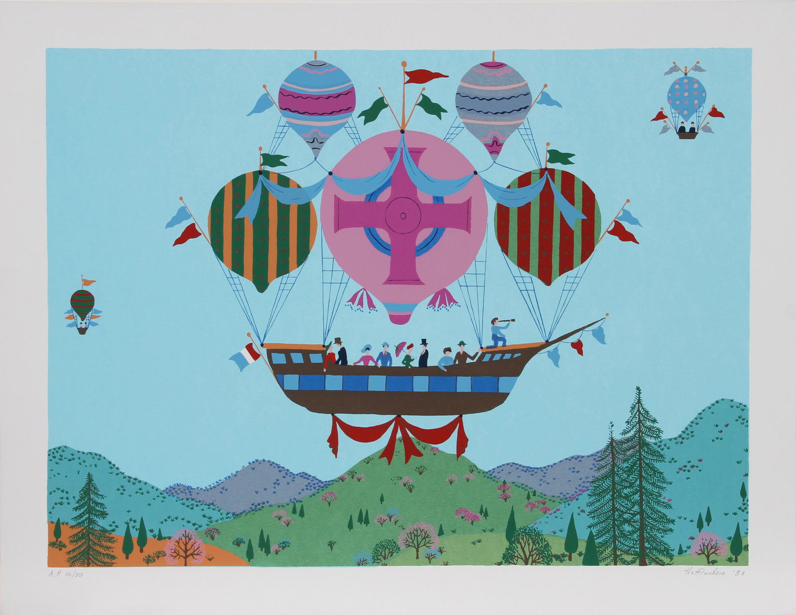 Jack Hofflander, Balloon Cruise, Screenprint: Artist: Jack Hofflander, American (1920 - 2003) Title: Balloon Cruise Year: 1979 Medium: Screenprint, signed and numbered in pencil Edition: 250, AP 30 Image Size: 22 x 30 inches Size: 26 in. x 34 in.