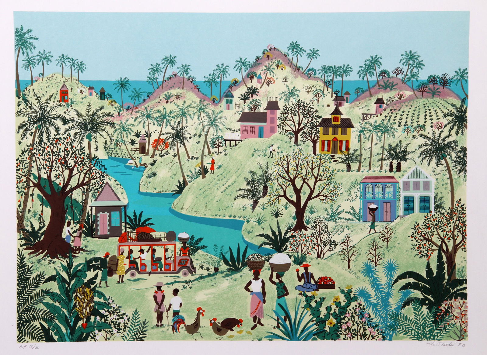 Jack Hofflander, Bus Stop, Screenprint, Signed, Dated: Artist: Jack Hofflander, American (1920 - 2003) Title: Bus Stop Year: 1980 Medium: Screenprint, Signed, Dated and Numbered in Pencil Edition: 250, AP 30 Image Size: 22 x 30 inches Size: 26 in. x 34 in