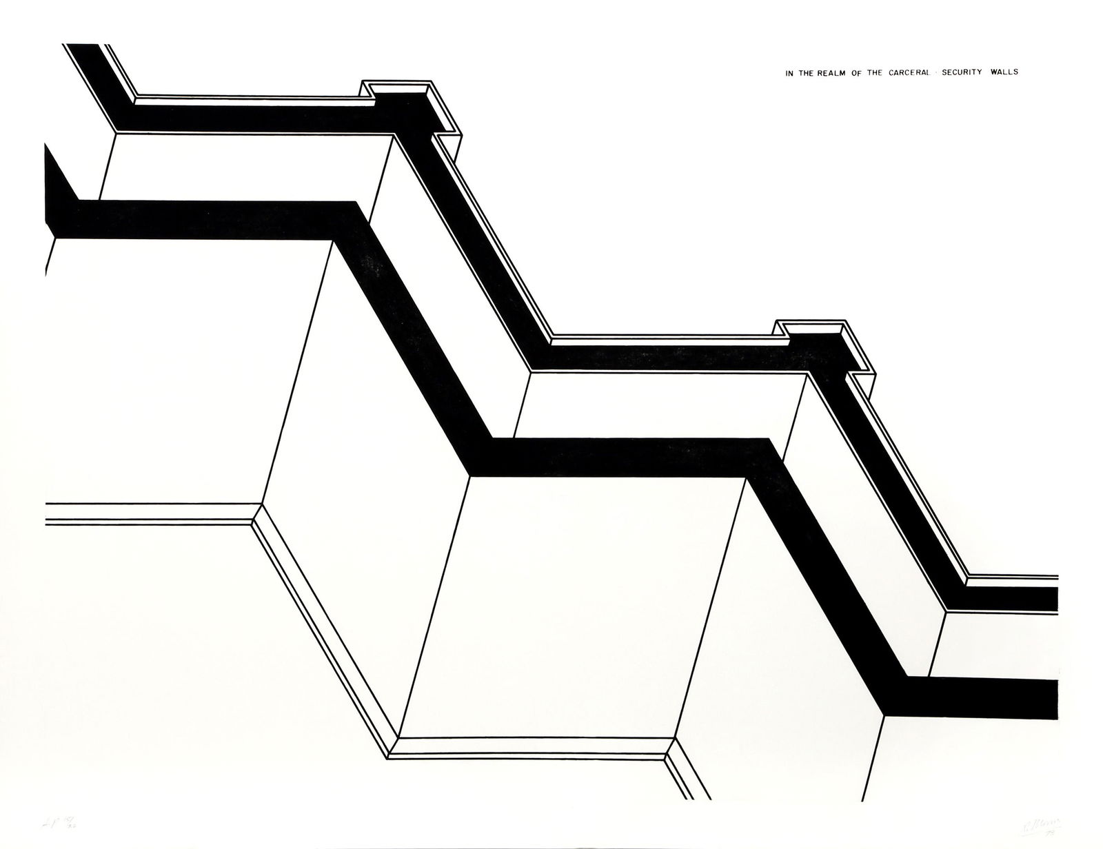 Robert Morris, Security Walls from In the Realm of the: Artist: Robert Morris, American (1931 - 2018) Title: Security Walls from In the Realm of the Carceral Year: 1979 Medium: Aquatint Etching, Signed and numbered in pencil Edition: 150 Size: 37 in. x 48