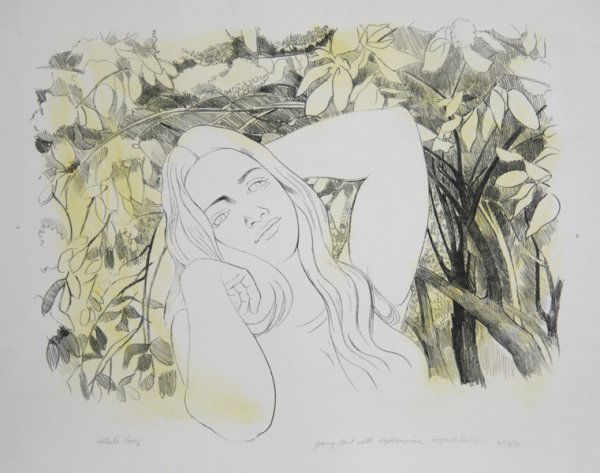 August Mosca, Young Girl with Hydrangeas, Lithogra: Arti