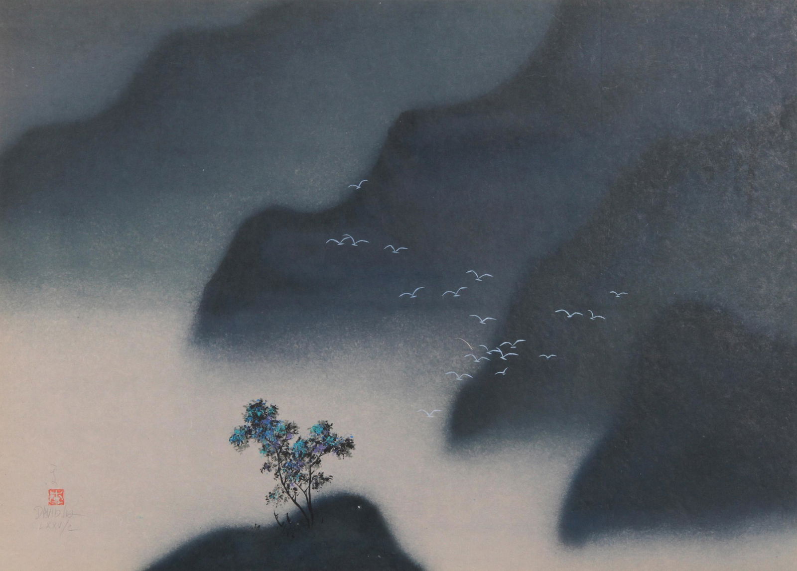David Lee, Misty Mountains, Lithograph: Artist: David Lee, Chinese (1944 - ) Title: Misty Mountains Year: circa 1985 Medium: Lithograph, signed and numbered in pencil Edition: 100 Size: 21 in. x 26 in. (53.34 cm x 66.04 cm)