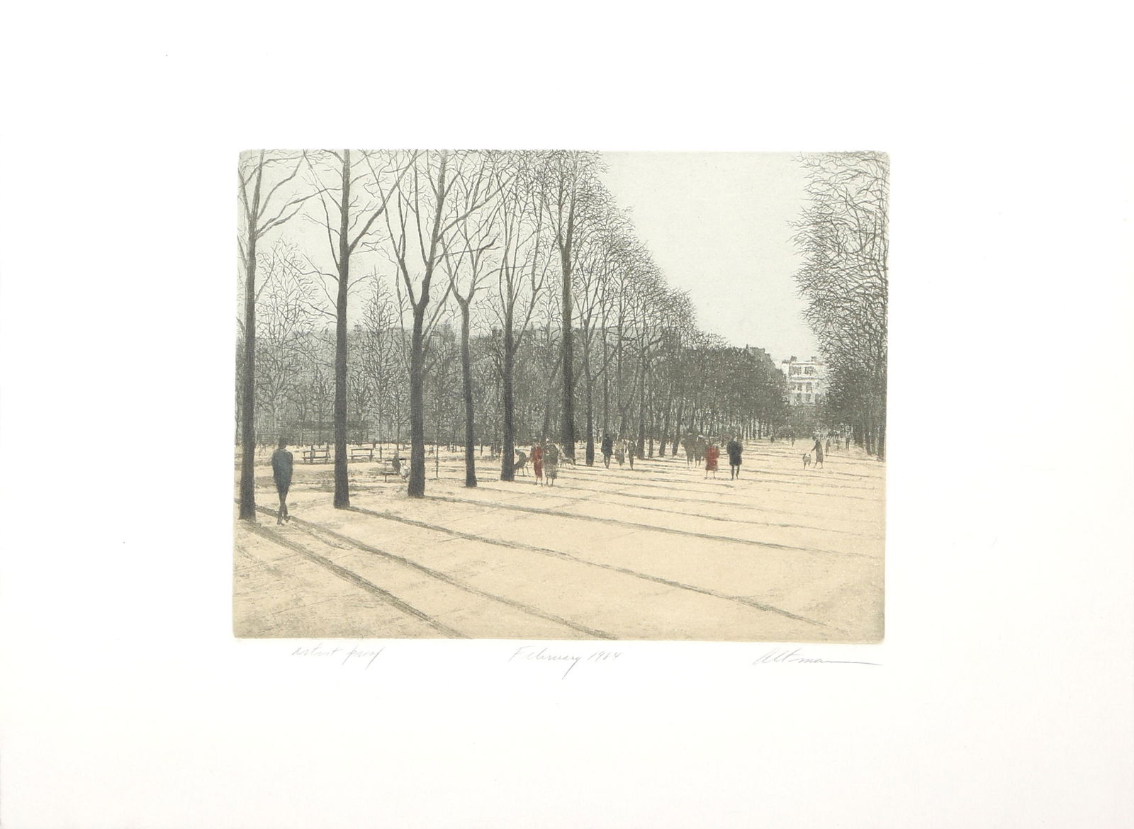 Harold Altman, February, Etching mounted to board: Artist: Harold Altman, American (1924 - 2003) Title: February Year: 1984 Medium: Etching mounted to board, signed and numbered in pencil Edition: AP Size: 15 x 20 in. (38.1 x 50.8 cm)
