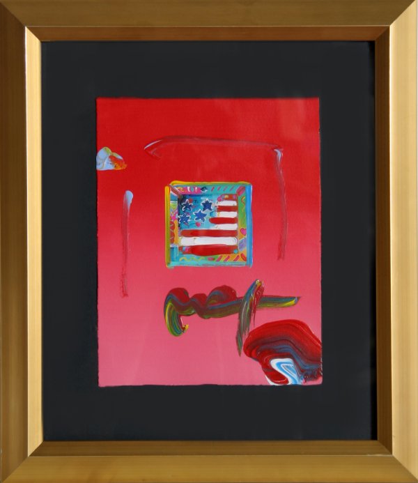 Peter Max, Flag with Heart, Painting with Collage: Artist: Peter Max, German/American (1937 - ) T