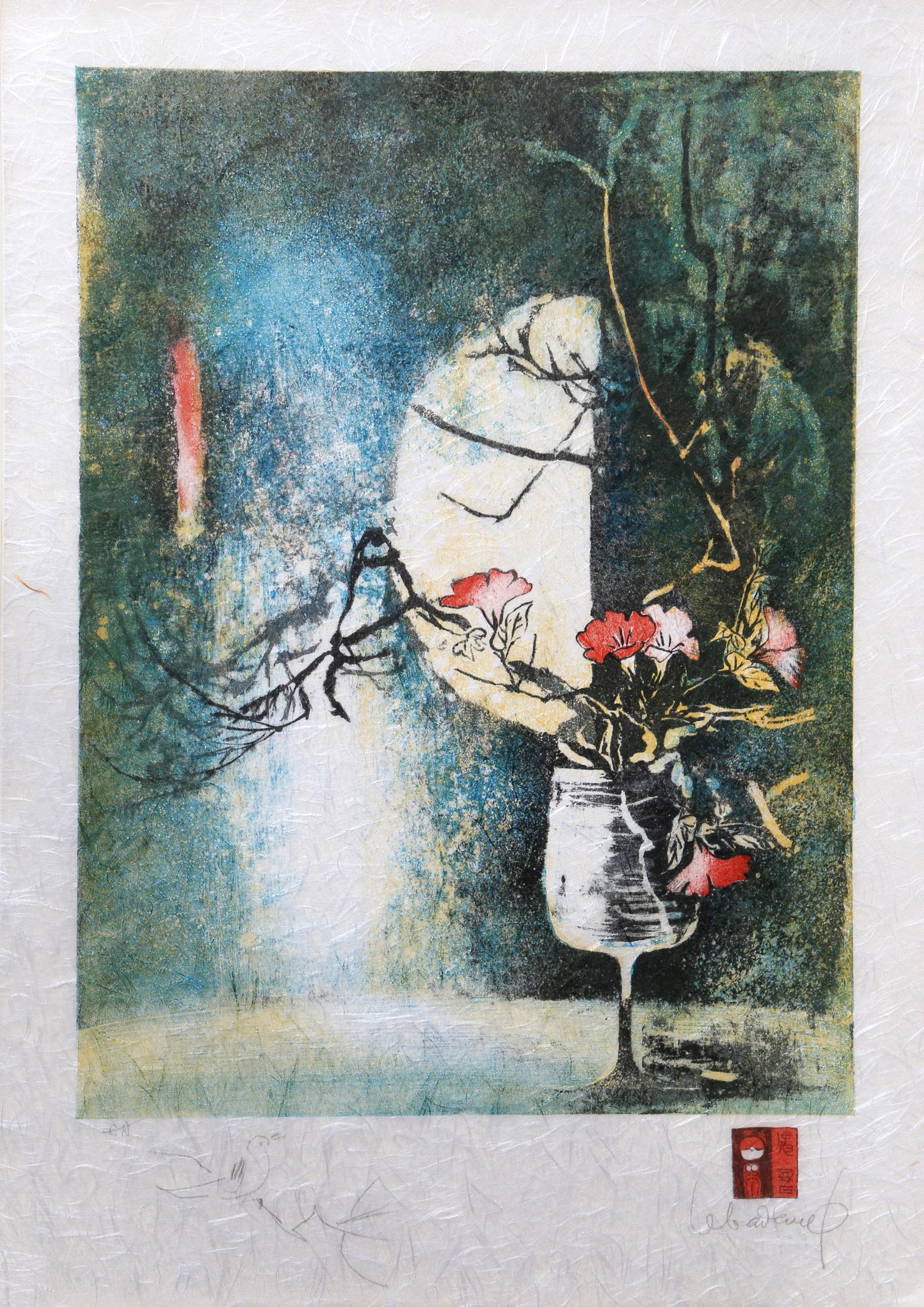 Lebadang (aka Hoi), Wine Glass with Flowers, Lithograph: Artist: Lebadang (aka Hoi), Vietnamese (1922 - 2015) Title: Wine Glass with Flowers Year: circa 1970 Medium: Lithograph on Handmade paper, signed in pencil Edition: EA Size: 29 x 21 in. (73.66 x 53.34