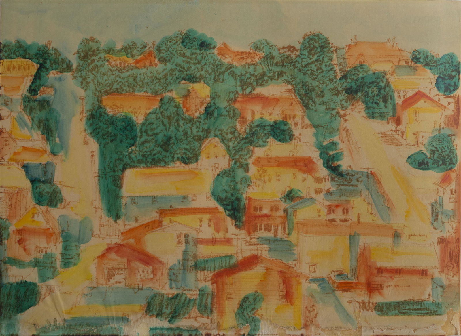 Unknown Artist, Landscape with Houses, Print on thin (1 of 1)