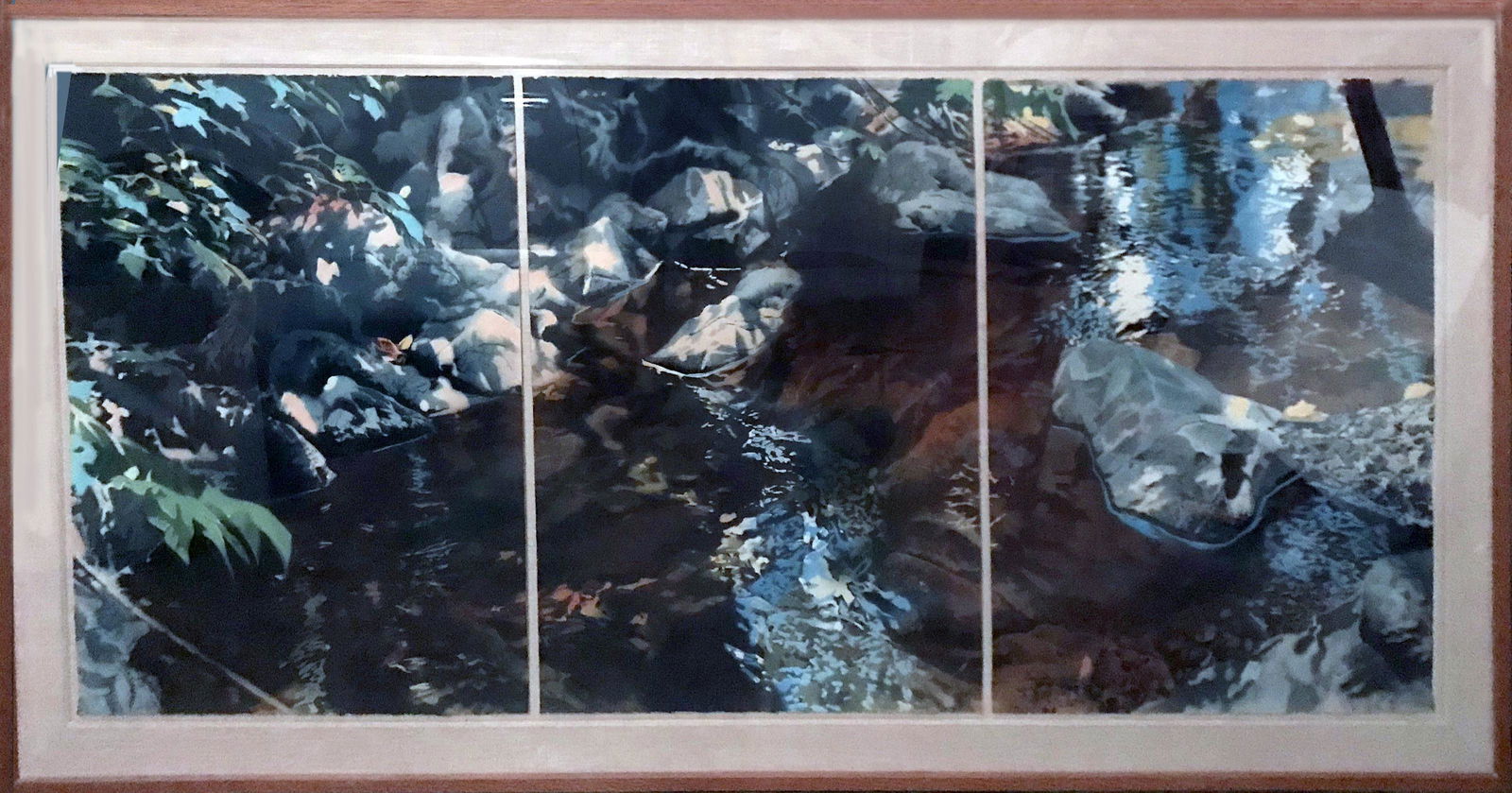 David T. Kessler, Babbling Brook, Gouache on Lithograph: Artist: David T. Kessler, American (1950 - ) Title: Babbling Brook Portfolio: Year: Circa 1990 Medium: Gouache on Lithograph Triptych, signed Edition: Image Size: Size: Frame Size: 49 x 100 inches Pri