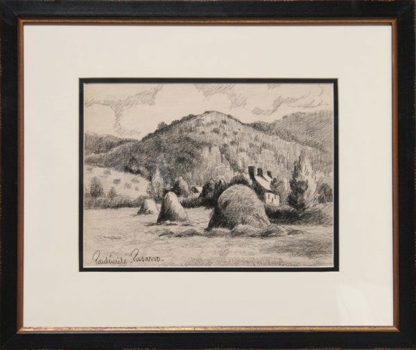 Paul Emile Pissarro, Haystacks, Charcoal Drawing: Artist: Paul Emile Pissarro, French (1884 - 1972)Title: Haystacks by a CottageYear: circa 1940Medium: Charcoal on Paper, Signed l.l.Size: 9 in. x 12 in. (22.86 cm x 30.48 cm)Frame Size: Frame: 17 x 20
