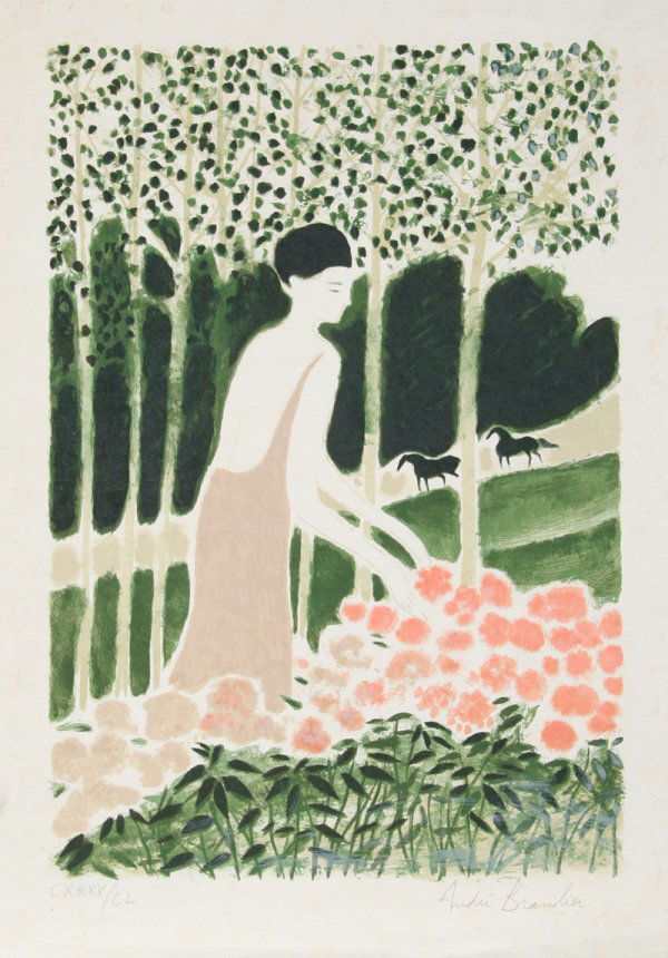 Andre Brasilier, Femme avec Fleurs, Lithograph: Artist: Andre Brasilier, French (1929 - )Title: Femme avec FleursYear: circa 1970Medium: Lithograph on Japon, Signed and numbered in pencilEdition: XXXV/CLSize: 30 in. x 21 in. (76.2 cm x 53.34 cm)
