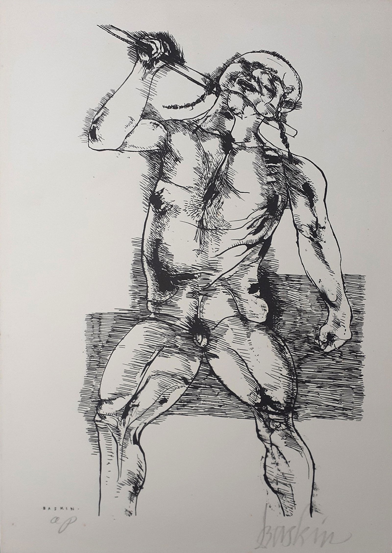 Leonard Baskin, Tashtego, Lithograph on BFK Rives: Artist: Leonard Baskin, American (1922 - 2000) Title: Tashtego Portfolio: Moby Dick Suite Year: 1970 Medium: Lithograph on BFK Rives, signed and numbered in pencil Edition: AP Size: 15 x 8.25 in. (38.