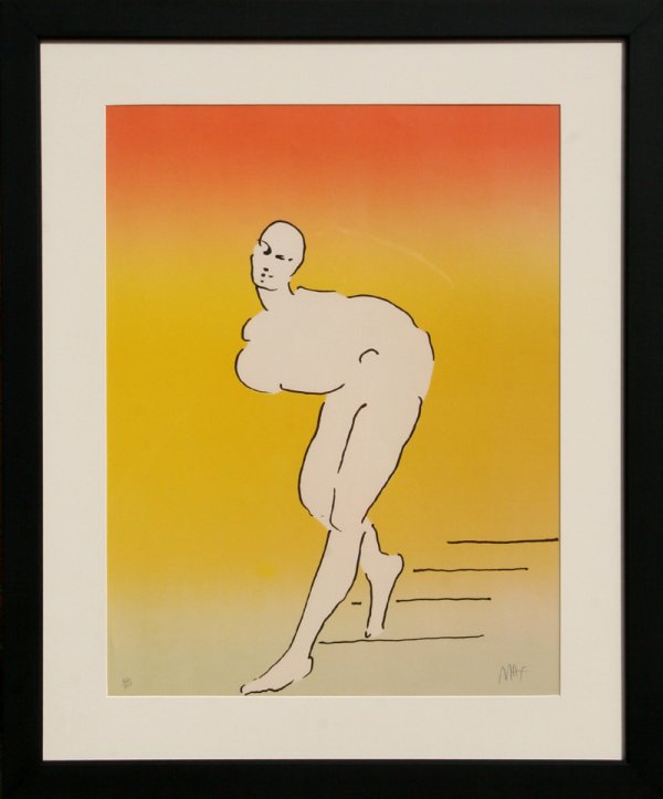 Peter Max, Nude Descending, Lithograph: Artist: Peter Max, German/American (1937 - ) Title: Nude Descending Year: 1974-75 Medium: Lithograph, Signed and Numbered in Pencil Edition: 60/150 Size: 25.5 in. x 19.5 in. (64.77 cm x 49.53 cm) Fram