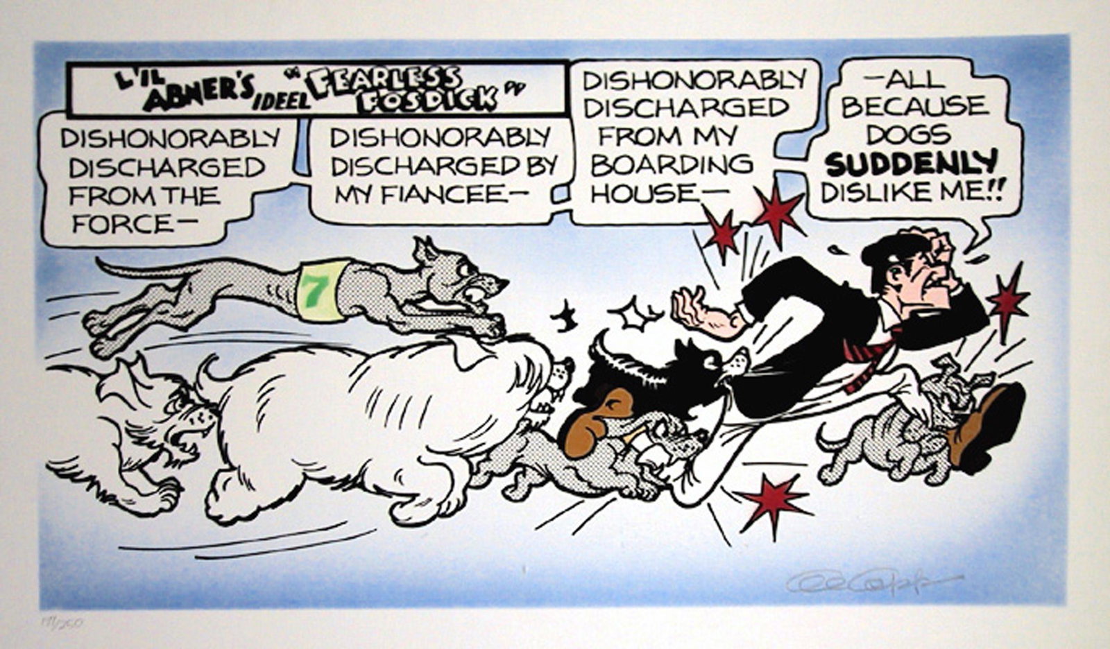 Al Capp, Dishonorably Discharged, Lithograph on Canvas: Artist: Al Capp, American (1909 - 1979) Title: Dishonorably Discharged Year: 1974 Medium: Lithograph on Canvas, signed and numbered Edition: 250 Image Size: 16 x 29 inches Size: 22.5 in. x 36 in. (57.