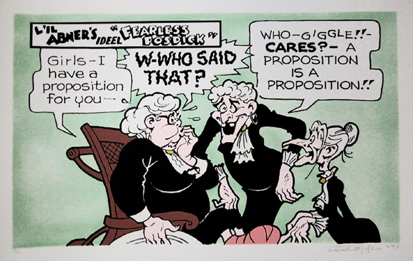 Al Capp, Proposition and Numbered Lithograph on Canvas: Artist: Al Capp, American (1909 - 1979) Title: Proposition Year: 1974 Medium: Signed and Numbered Lithograph on Canvas Edition: 250 Image Size: 18 x 30 inches Size: 24 in. x 36 in. (60.96 cm x 91.44 c