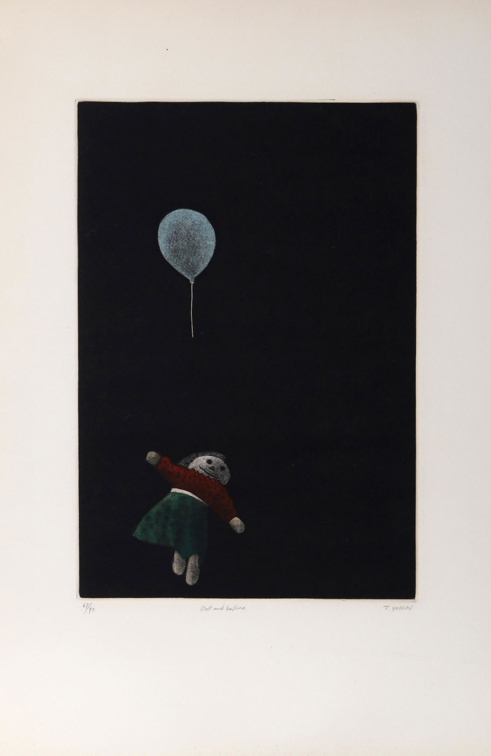 Tomoe Yokoi, Doll and Balloon, Mezzotint: Artist: Tomoe Yokoi, Japanese (1942 - ) Title: Doll and Balloon Portfolio: Year: Medium: Mezzotint, signed and numbered in pencil Edition: 67/95 Image Size: 13.5 x 9 inches Size: 22 x 15 in. (55.88 x