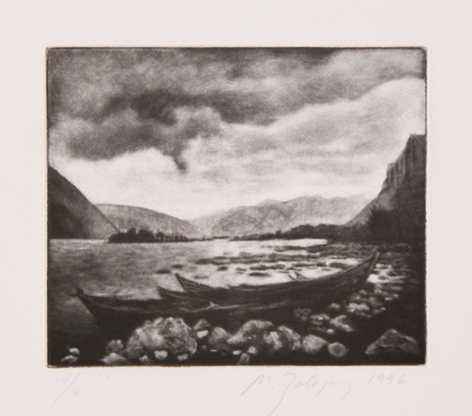 Michele Zalopany, Lake, Mezzotint: Artist: Michele Zalopany, American (1955 - ) Title: Lake Portfolio: Year: 1996 Medium: Mezzotint, Signed and Numbered in Pencil Edition: 15 Image Size: 5 x 6 inches Size: 11 in. x 10 in. (27.94 cm x 2