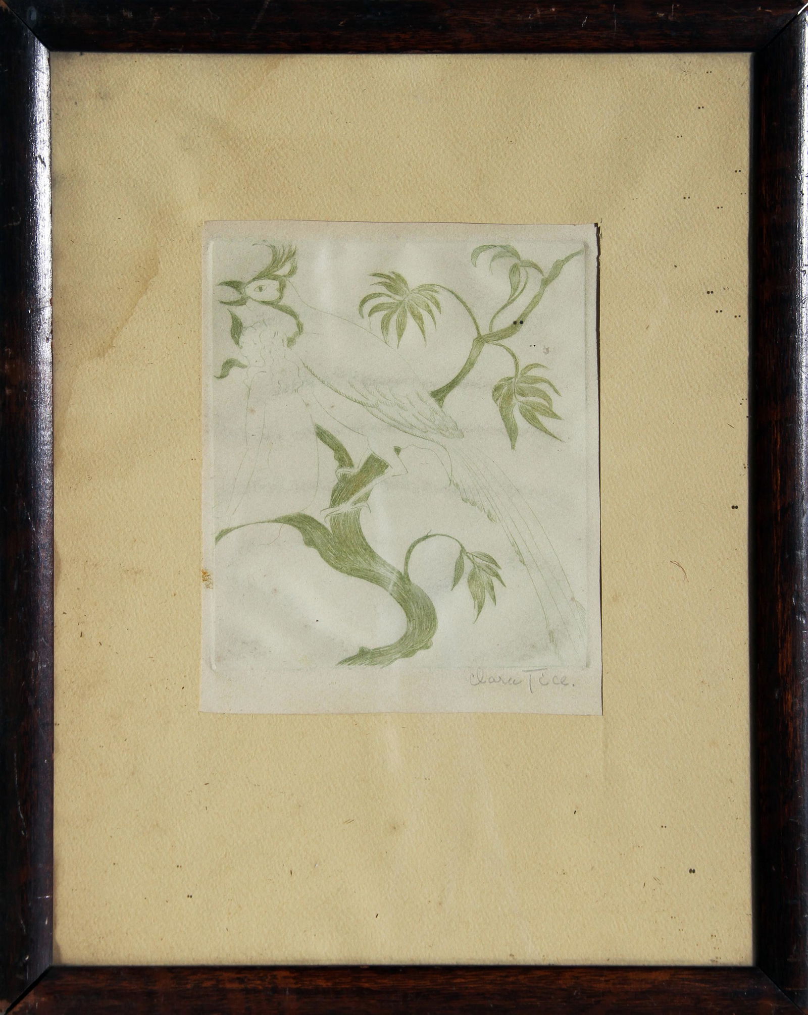 Clara Tice, Bird, Etching: Artist: Clara Tice, American (1888 - 1973) Title: Bird Year: circa 1950 Medium: Etching, signed in pencil Image Size: 6.5 x 5.5 inches Size: Frame Size: 15.5 x 12 in. (39.37 x 30.48 cm) Printer: Publi