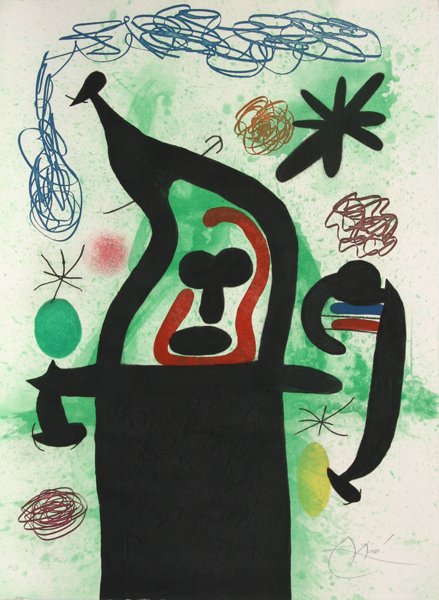 Joan Miro, La Harpie, Etching: Artist: Joan Miro, Spanish (1893 - 1983) Title: La Harpie Year: 1969 Medium: Etching, Aquatint and Carborundum, Signed in pencil Edition: 75, HC Size: 36.5 in. x 27.5 in. (92.71 cm x 69.85 cm) Printed