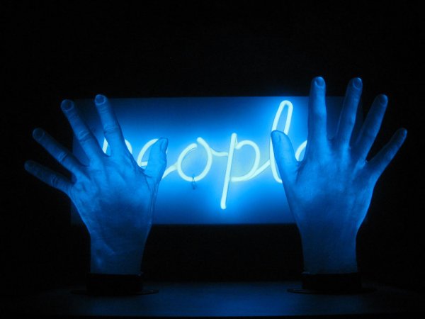 Federica Marangoni, People, Neon and Glass Sculptu: Artist: Federica Marangoni, Italian Title: People Year: 2005 Medium: Cast Murano Glass with Blue Neon in Acrylic Box Size: 7.8 in. x 17 in. (19.81 cm x 43.18 cm)