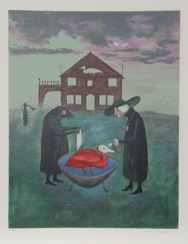 Leonora Carrington, Bird Bath, Screenprint: Artist: Leonora Carrington, Mexican/British (1917 - ) Title: Bird Bath Year: 1974 Medium: Screenprint, signed and numbered in pencil Edition: 150 Size: 34.5 x 27 inches