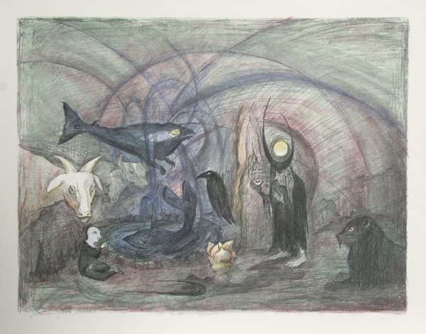 Leonora Carrington, Crow Soup, Lithograph: Artist: Leonora Carrington, Mexican/British (1917 - ) Title: Crow Soup Year: 1997 Medium: Lithograph, signed and numbered in pencil Edition: SdP Image Size: 18 x 24 inches Size: 23.5 in. x 31.5 in. (5
