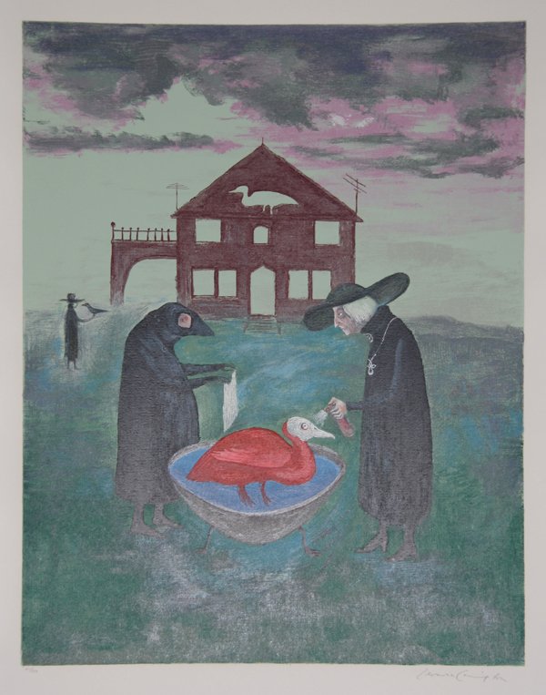 Leonora Carrington, Bird Bath, Screenprint: Artist: Leonora Carrington, Mexican/British (1917 - ) Title: Bird Bath Year: 1974 Medium: Screenprint, signed and numbered in pencil Edition: 145/150 Frame Size: 34.5 x 27 inches