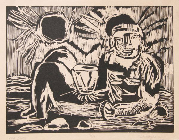 Roberto Juarez, Two Suns, Woodcut: Artist: Roberto Juarez, American (1952 - ) Title: Two Suns Year: 1983 Medium: Woodcut, Signed and Numbered in Pencil Edition: 15 Size: 20 in. x 25.5 in. (50.8 cm x 64.77 cm)