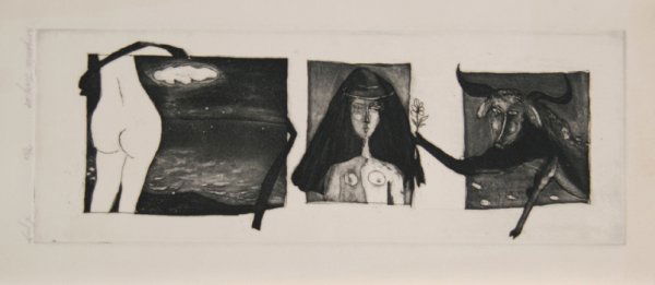 Benjamin Levy, Triptych, Etching: Artist: Benjamin Levy, Israeli/American (1940 - ) Title: untitled 1 Year: 1967 Medium: Etching, signed and numbered in pencil Edition: 14/50 Size: 7.5 in. x 18.5 in. (19.05 cm x 46.99 cm)