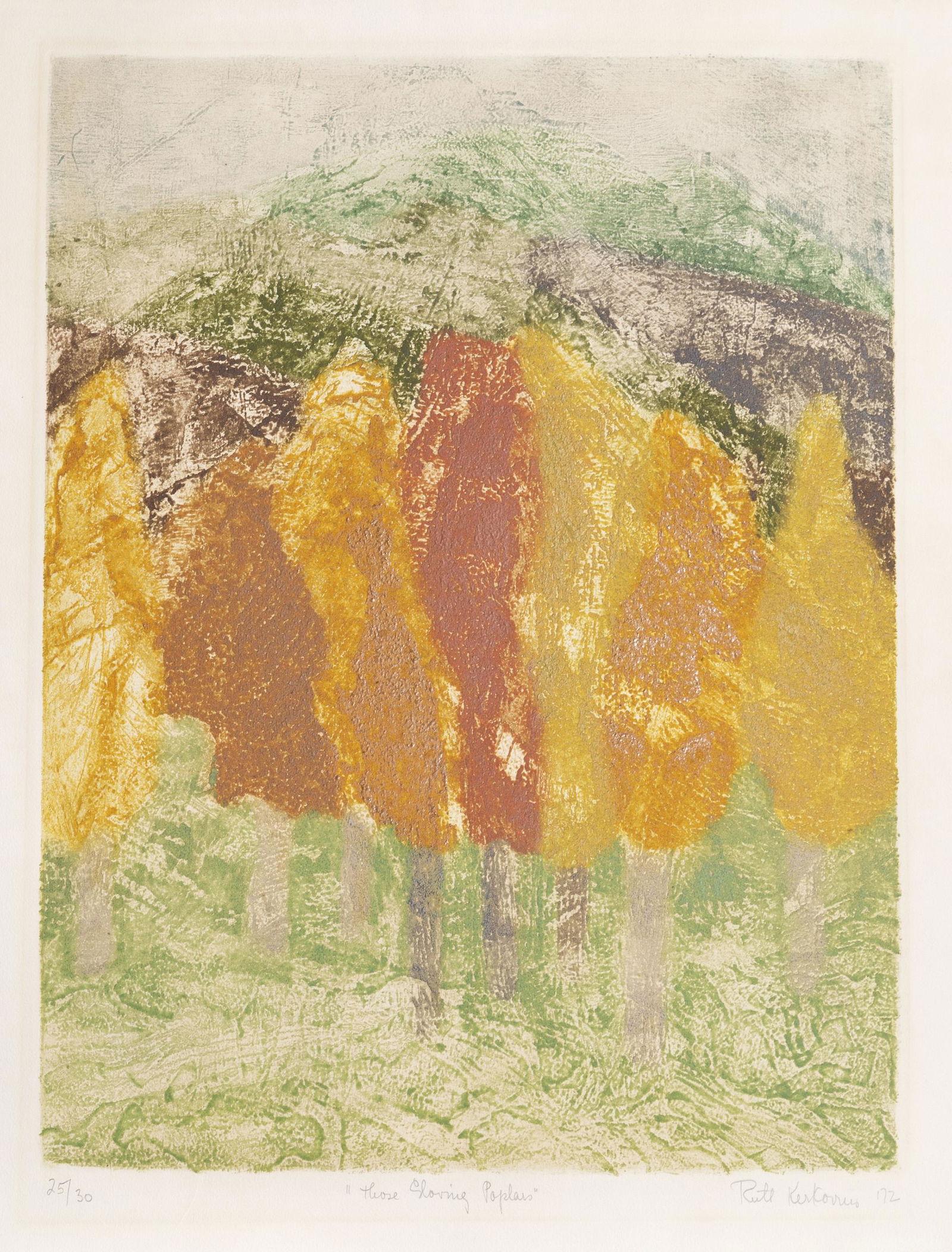 Ruth Kerkovius, Those Glowing Poplars, Intaglio Etching: Artist: Ruth Kerkovius, Latvian/American (1921 - 2007) Title: Those Glowing Poplars Year: 1977 Medium: Intaglio Etching, signed, numbered, dated, and titled in pencil Edition: 25/30 Image Size: 24 x 1