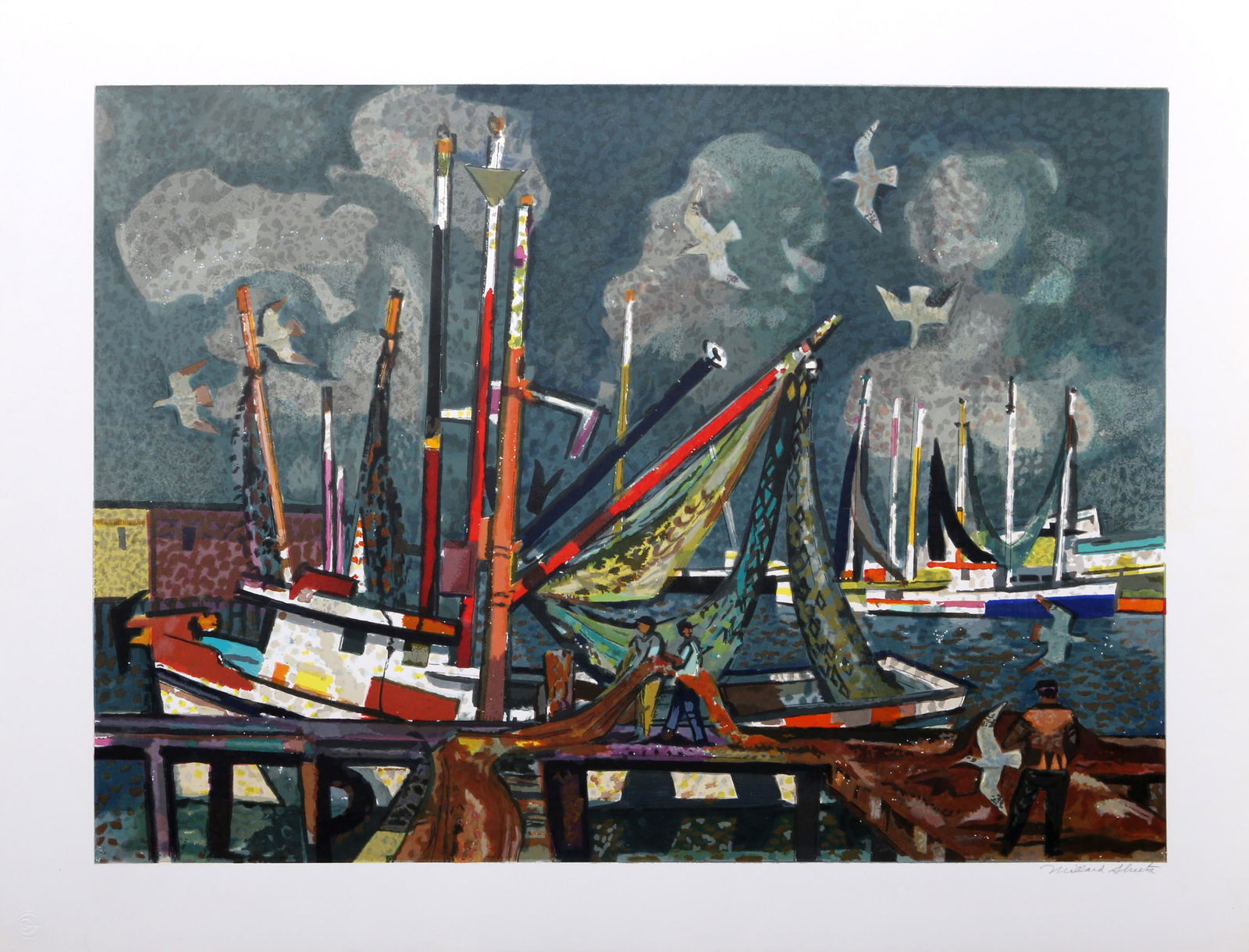 Millard Owen Sheets, Fishermen, Lithograph: Artist: Millard Owen Sheets, American (1907 - 1989) Title: Fishermen Year: circa 1977 Medium: Lithograph, signed in pencil Edition: AP Image Size: 22 x 29.5 inches Size: 27 x 35 in. (68.58 x 88.9 cm)
