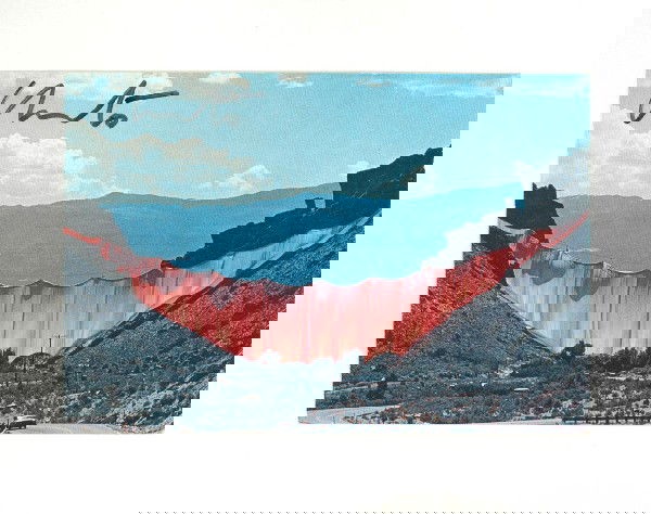 Christo, Valley Curtain, Colorado, Signed Postcard: Artist: Christo, Bulgarian (1935 - ) Title: Valley Curtain, Rifle Colorado Year: 1972 Medium: Postcard, signed in marker Size: 4 in. x 6 in. (10.16 cm x 15.24 cm) Photo by Wolfgang Volz. Christo and J